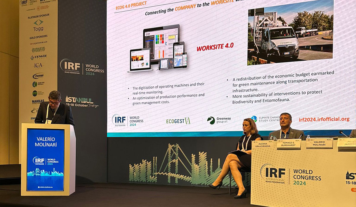 "Eco innovation and enviromental sustainability in road and highway green management" topic of the talk Valerio Molinari presented during the session dedicated to sustainability and prevention of the effects of climate change during the International Road Federation (IRF) World Congress